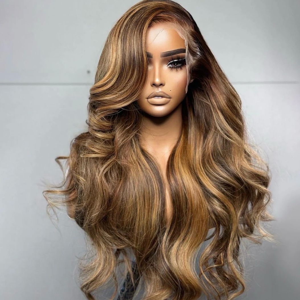 4/27 highlight body wave wig with transparent lace front and 200% density – 100% human hair