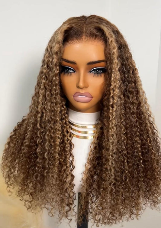 4/27 highlight deep wave lace wig on mannequin – transparent lace and human hair