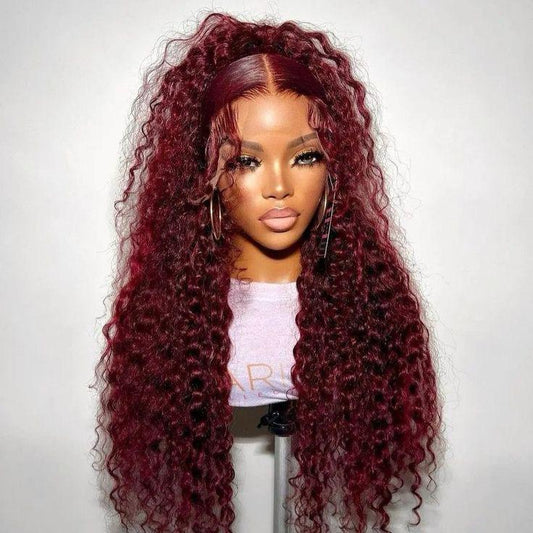 Deep wave 99J burgundy human hair wig with transparent lace and full density