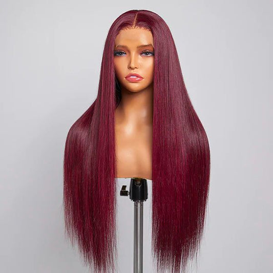 99J burgundy straight human hair wig with transparent lace front and sleek shine